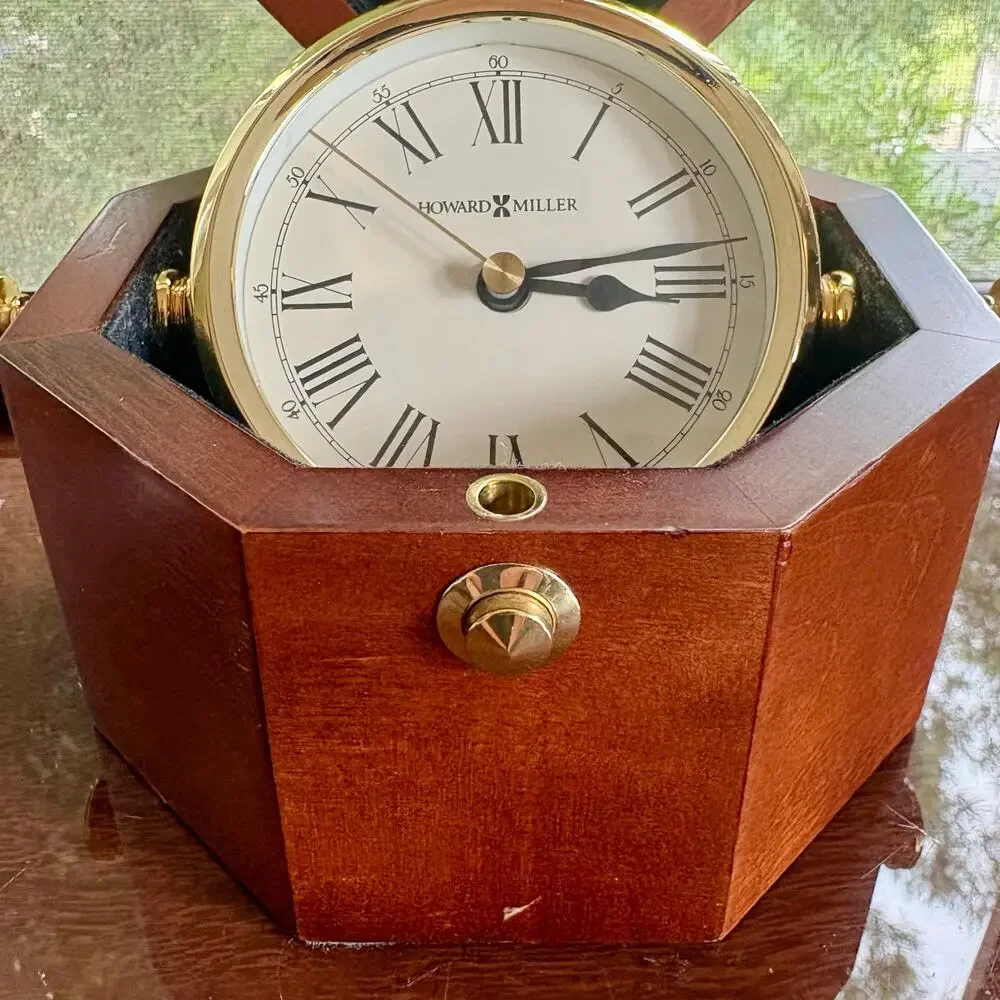 Vintage Howard Miller Hinged Wood Desk Clock Rotating Brass Roman Numeral